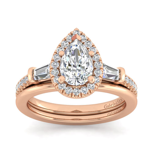 14K Rose Gold Pear Shape Three Stone Halo Diamond Channel Set Engagement Ring