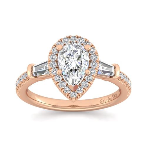 14K Rose Gold Pear Shape Three Stone Halo Diamond Channel Set Engagement Ring