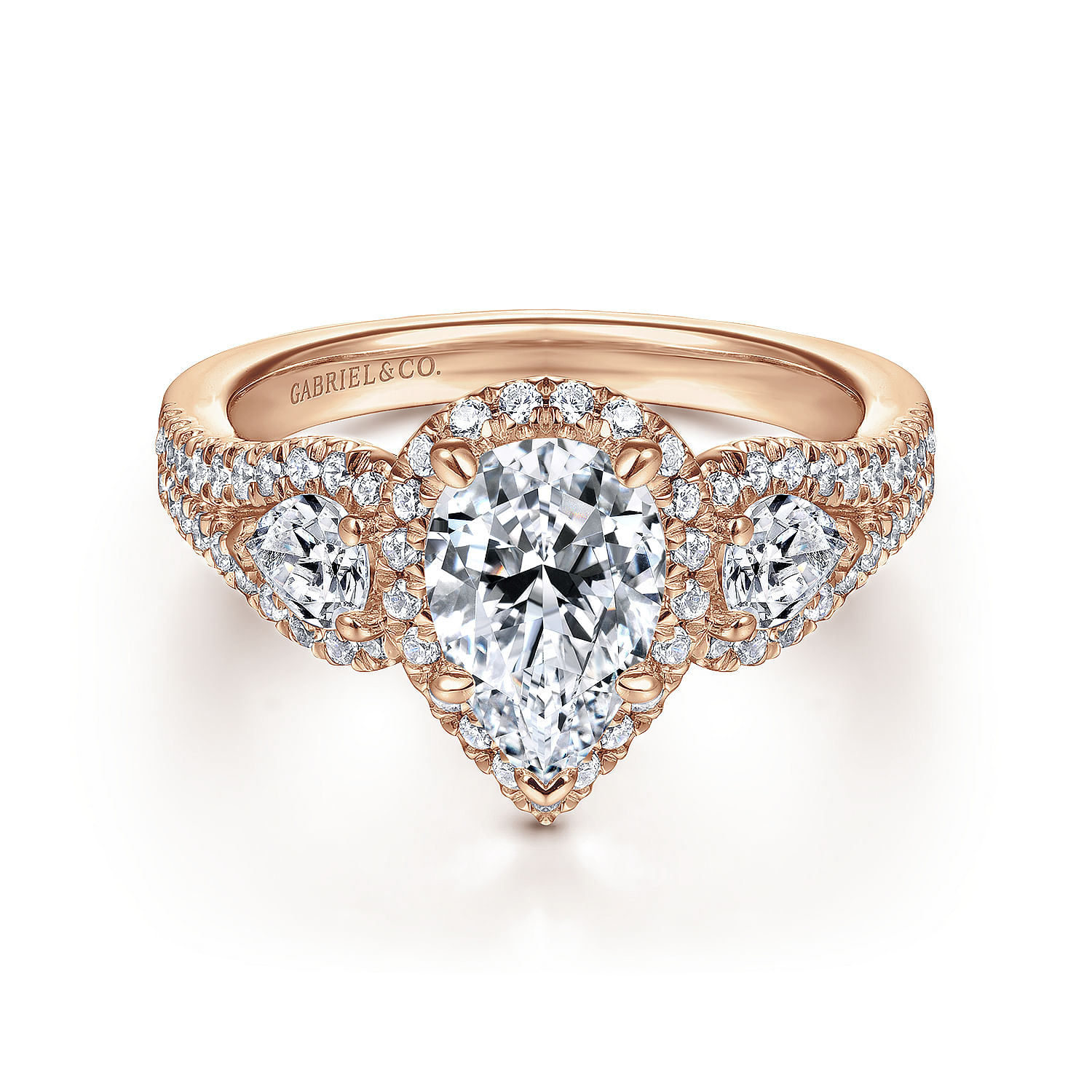 Gabriel - 14K Rose Gold Pear Shape Three Stone Halo Diamond Engagement Ring
