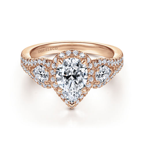 14K Rose Gold Pear Shape Three Stone Halo Diamond Engagement Ring