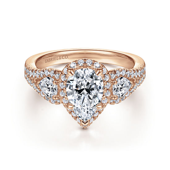 Gabriel - 14K Rose Gold Pear Shape Three Stone Halo Diamond Engagement Ring