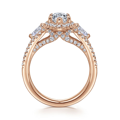 14K Rose Gold Pear Shape Three Stone Halo Diamond Engagement Ring