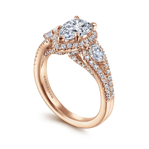 14K Rose Gold Pear Shape Three Stone Halo Diamond Engagement Ring