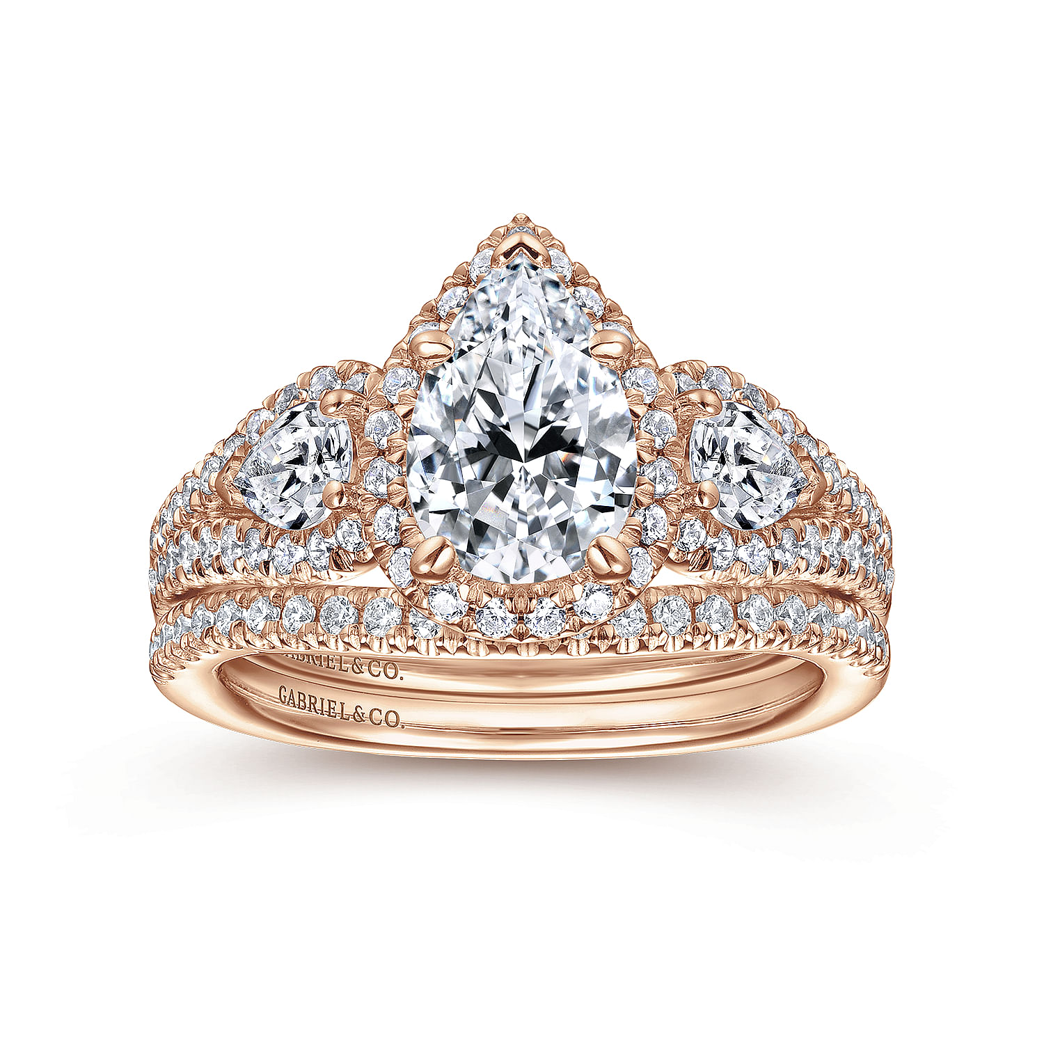 14K Rose Gold Pear Shape Three Stone Halo Diamond Engagement Ring