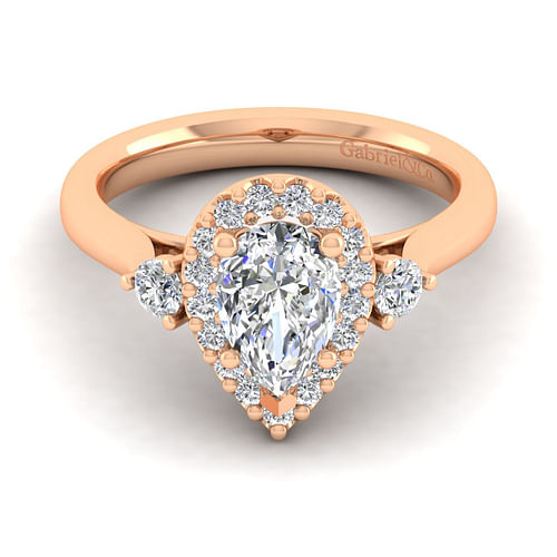 14K Rose Gold Pear Shape Three Stone Halo Diamond Engagement Ring