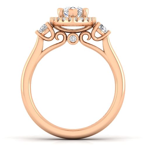 14K Rose Gold Pear Shape Three Stone Halo Diamond Engagement Ring
