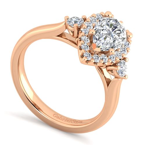 14K Rose Gold Pear Shape Three Stone Halo Diamond Engagement Ring