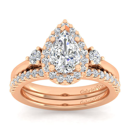 14K Rose Gold Pear Shape Three Stone Halo Diamond Engagement Ring