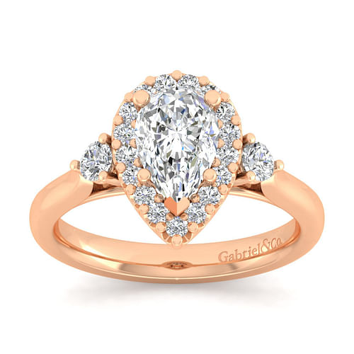 14K Rose Gold Pear Shape Three Stone Halo Diamond Engagement Ring