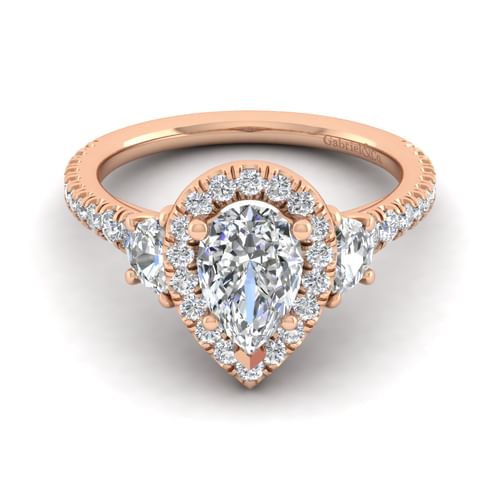 14K Rose Gold Pear Shape Three Stone Halo Diamond Engagement Ring