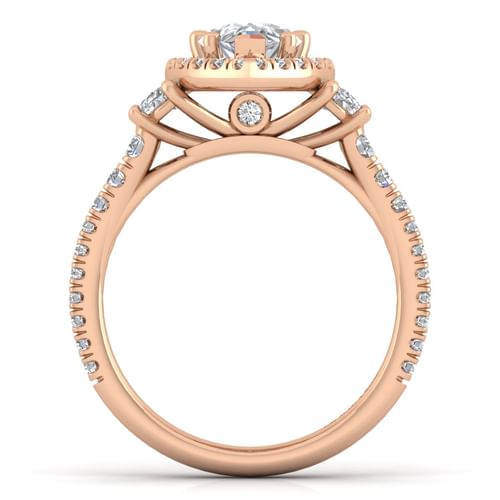14K Rose Gold Pear Shape Three Stone Halo Diamond Engagement Ring
