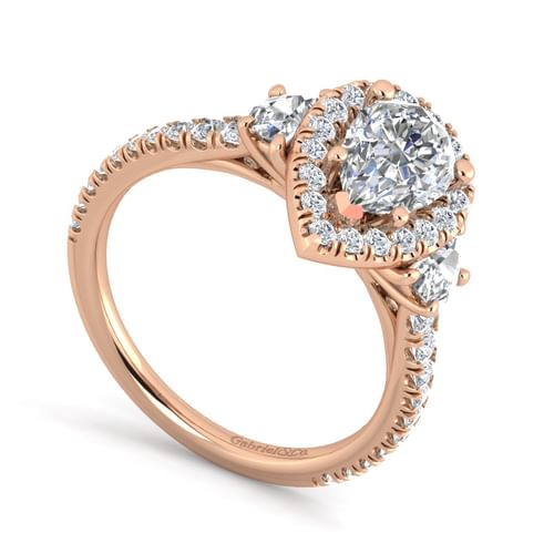 14K Rose Gold Pear Shape Three Stone Halo Diamond Engagement Ring
