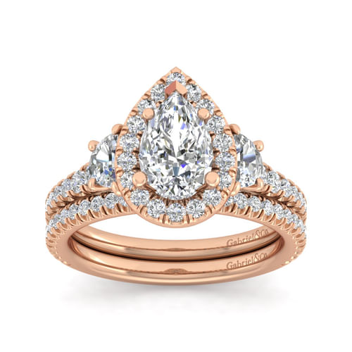 14K Rose Gold Pear Shape Three Stone Halo Diamond Engagement Ring