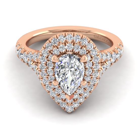 Gabriel - 14K Rose Gold Pear Shaped Double Halo Diamond Engagement Ring
