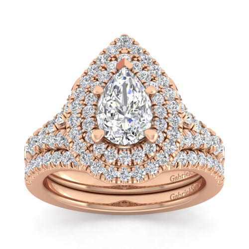 14K Rose Gold Pear Shaped Double Halo Diamond Engagement Ring