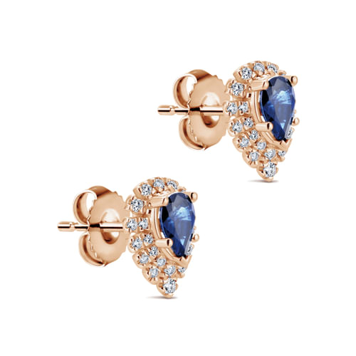 14K Rose Gold Pear Shaped Halo Diamond and Sapphire Stud Earringss