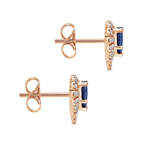 14K Rose Gold Pear Shaped Halo Diamond and Sapphire Stud Earringss