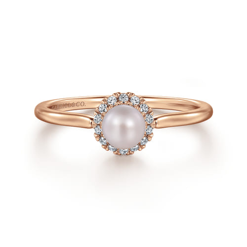 14K Rose Gold Pearl Promise Ring with Diamond Halo 