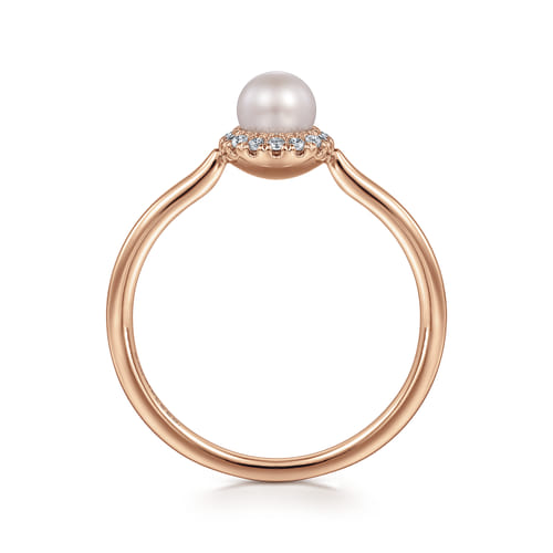14K Rose Gold Pearl Promise Ring with Diamond Halo 