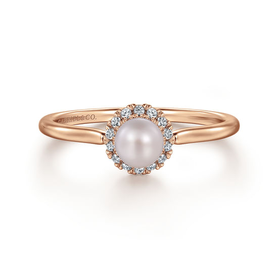 Gabriel - 14K Rose Gold Pearl Ring with Diamond Halo 