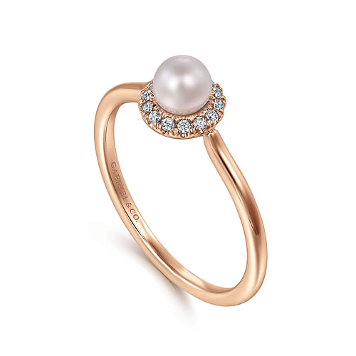 14K Rose Gold Pearl Ring with Diamond Halo 