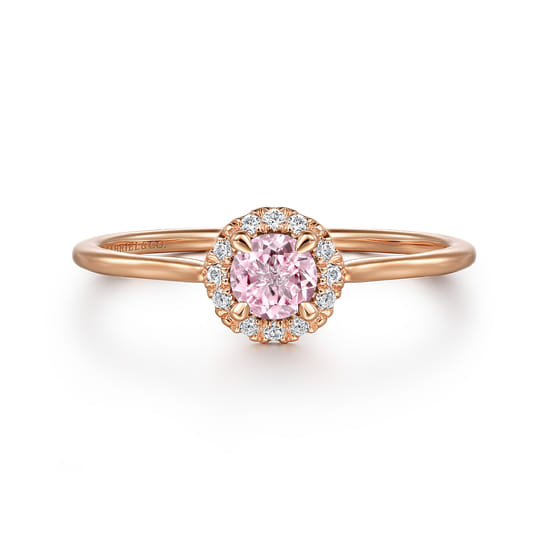 Gabriel - 14K Rose Gold Pink Created Cubic Zirconia and Diamond Halo Promise Ring Gabriel - 14K Rose Gold Pink Created Cubic Zirconia and Diamond Halo Promise Ring