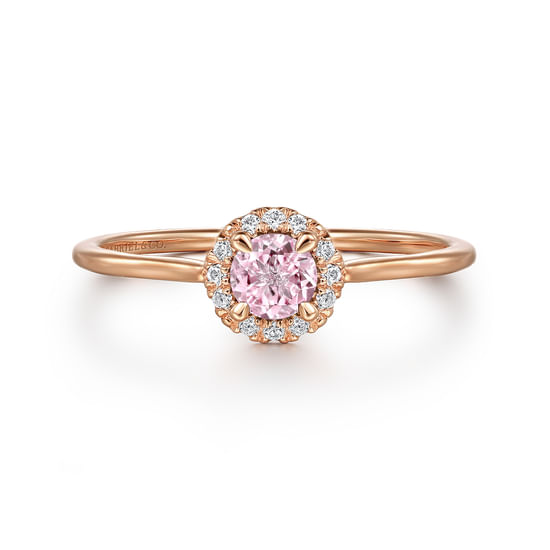 Gabriel - 14K Rose Gold Pink Created Zircon and Diamond Halo Promise Ring