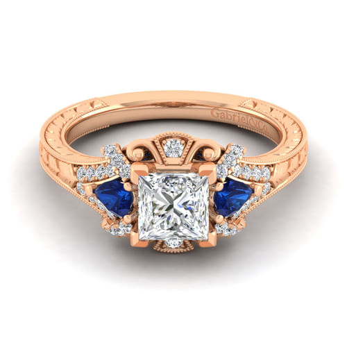 14K Rose Gold Princess Cut Sapphire and Diamond Engagement Ring