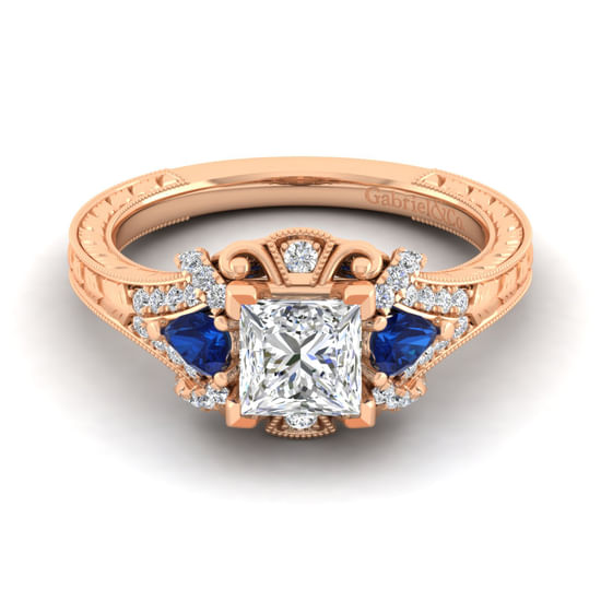 Gabriel - 14K Rose Gold Princess Cut Sapphire and Diamond Engagement Ring