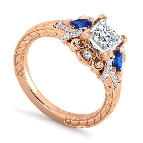 14K Rose Gold Princess Cut Sapphire and Diamond Engagement Ring