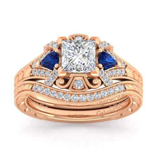 14K Rose Gold Princess Cut Sapphire and Diamond Engagement Ring