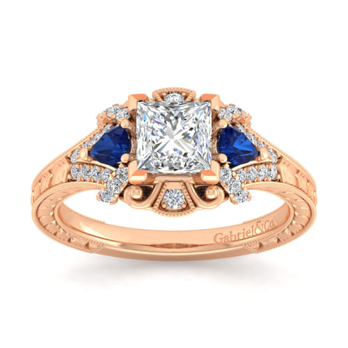 14K Rose Gold Princess Cut Sapphire and Diamond Engagement Ring