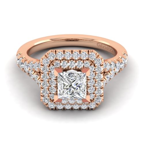 14K Rose Gold Princess Double Halo Diamond Engagement Ring