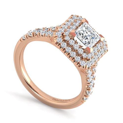 14K Rose Gold Princess Double Halo Diamond Engagement Ring