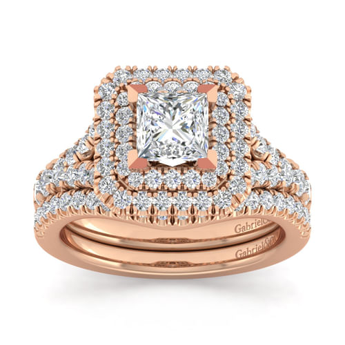 14K Rose Gold Princess Double Halo Diamond Engagement Ring