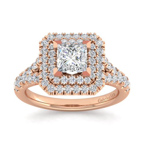14K Rose Gold Princess Double Halo Diamond Engagement Ring