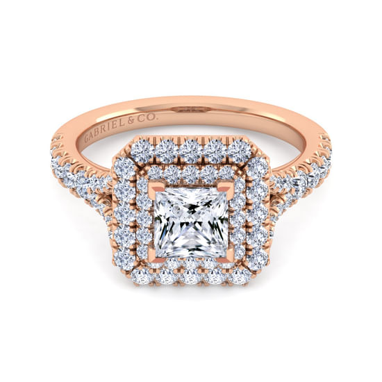 Gabriel - 14K Rose Gold Princess Double Halo Diamond Engagement Ring