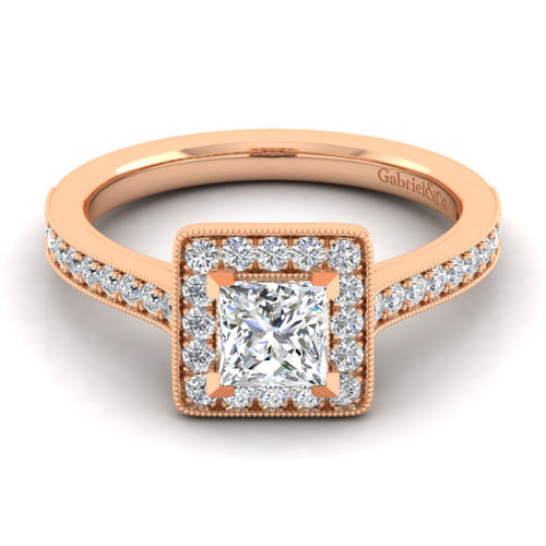 14K Rose Gold Princess Halo Diamond Engagement Ring