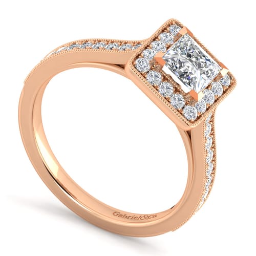 14K Rose Gold Princess Halo Diamond Engagement Ring