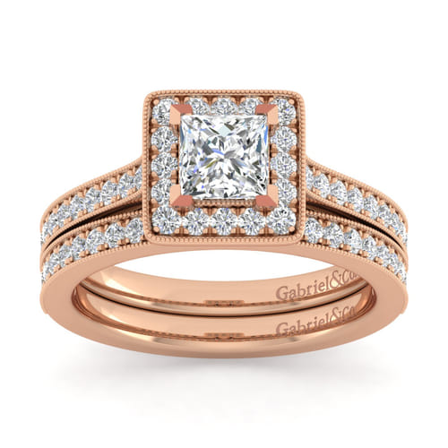 14K Rose Gold Princess Halo Diamond Engagement Ring