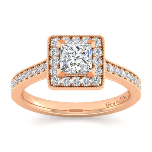 14K Rose Gold Princess Halo Diamond Engagement Ring