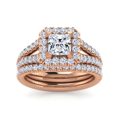 14K Rose Gold Princess Halo Diamond Engagement Ring