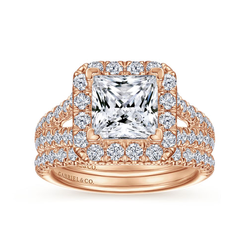14K Rose Gold Princess Halo Diamond Engagement Ring
