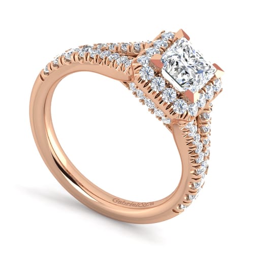 14K Rose Gold Princess Halo Diamond Engagement Ring