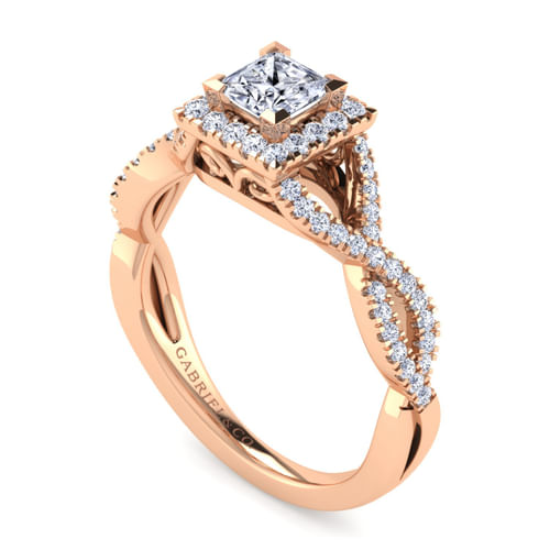 14K Rose Gold Princess Halo Diamond Engagement Ring