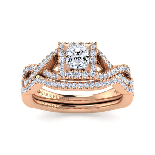 14K Rose Gold Princess Halo Diamond Engagement Ring