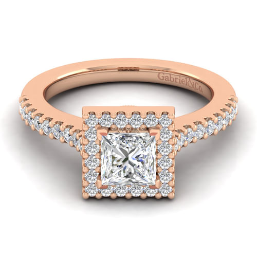 14K Rose Gold Princess Halo Diamond Engagement Ring