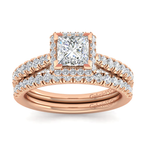 14K Rose Gold Princess Halo Diamond Engagement Ring