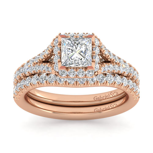 14K Rose Gold Princess Halo Diamond Engagement Ring
