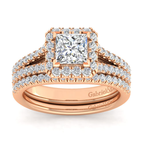 14K Rose Gold Princess Halo Diamond Engagement Ring